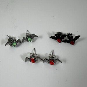 Bat-Themed Stud Earrings Set Of 3 With Green & Red Gemstones Metal & Enamel Hall
